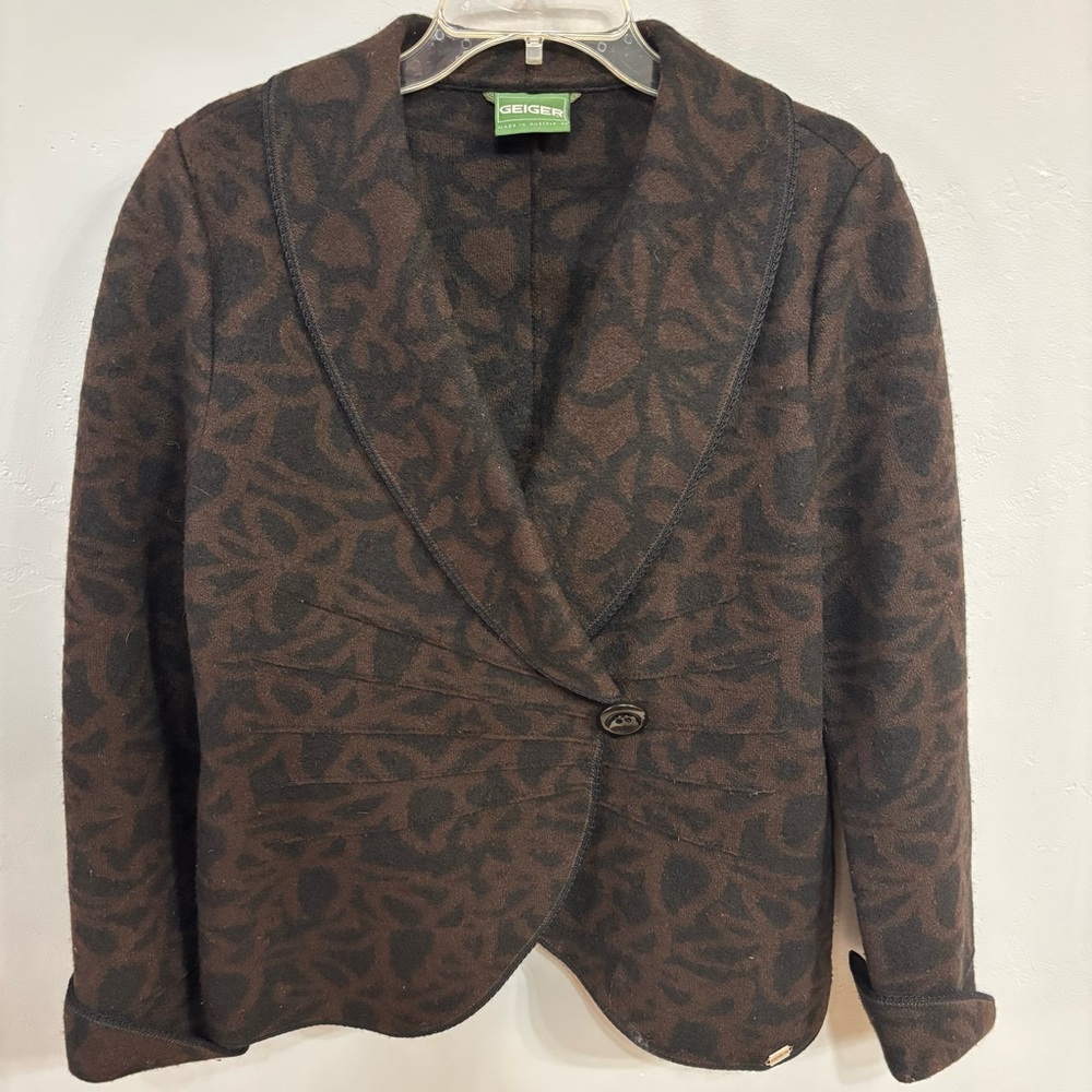 Geiger Boiled Australian Wool Black & Brown Patterned Jacket Sz 44 EUC